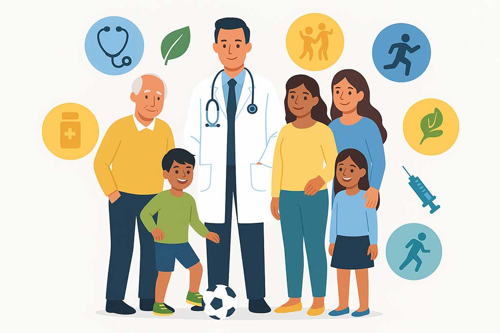 Illustration of a smiling doctor standing with a healthy family, including a mother, father, grandparent, and child playing with a soccer ball, surrounded by icons for vitality and healthcare in CarePoint Family Clinic’s blue, green, and gold brand colors.